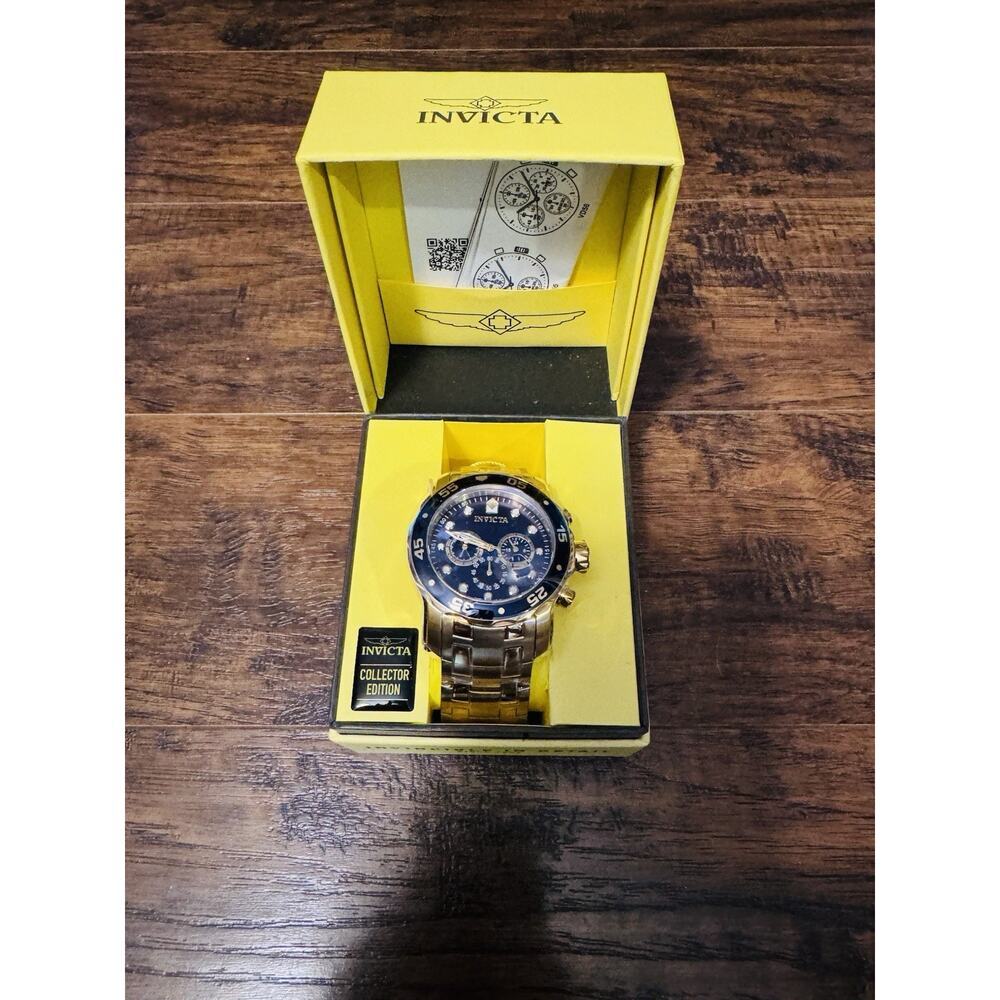 Invicta Mens PRO DIVER SCUBA Chronograph Blue Dial 18Kt Gold Plated Watch 0073